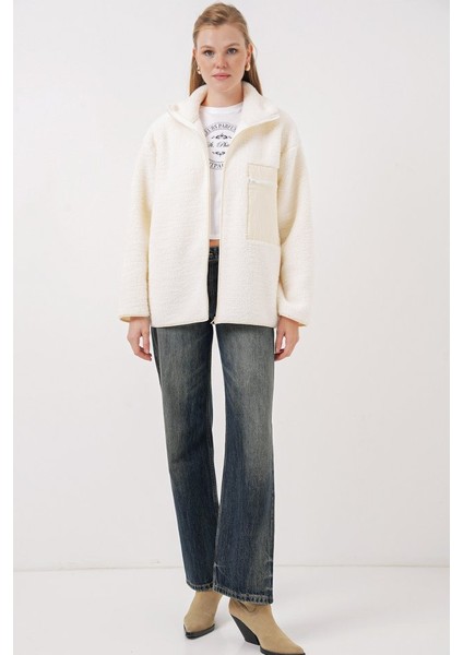 55446 Fermuarlı Oversize Peluş Mont - Bej