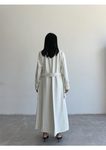 Kapitone Deri Trench - Beyaz