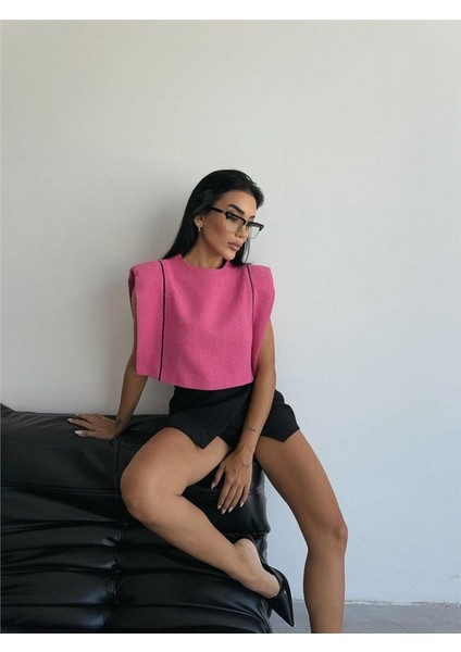 Chanel Vatkalı Crop Bluz - Fuşya