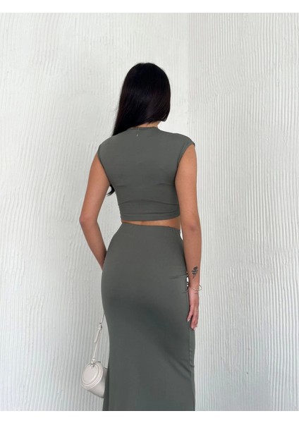 Osy Modal Yumuşak Dokulu Kumaş Büzgülü Crop Etek Takım - Mint Yeşili