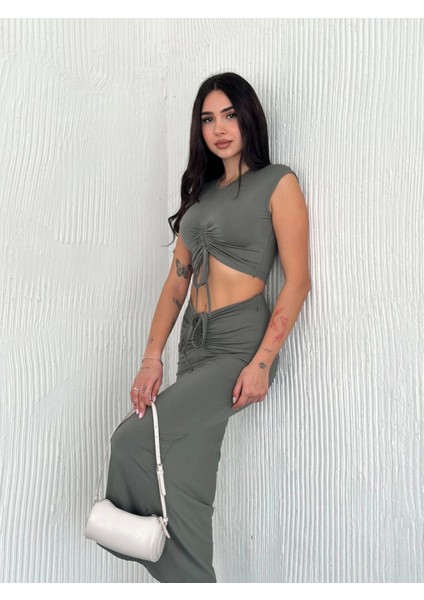 Osy Modal Yumuşak Dokulu Kumaş Büzgülü Crop Etek Takım - Mint Yeşili