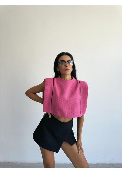 Chanel Vatkalı Crop Bluz - Fuşya
