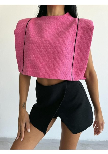 Chanel Vatkalı Crop Bluz - Fuşya