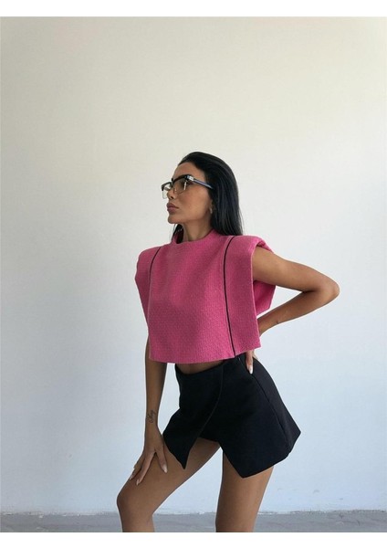 Chanel Vatkalı Crop Bluz - Fuşya