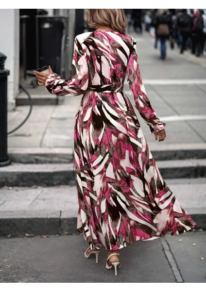 Kadın Uzun Kollu Kruvaze Yaka Belden Kuşaklı Desenli Süprem Elbise fırsatları