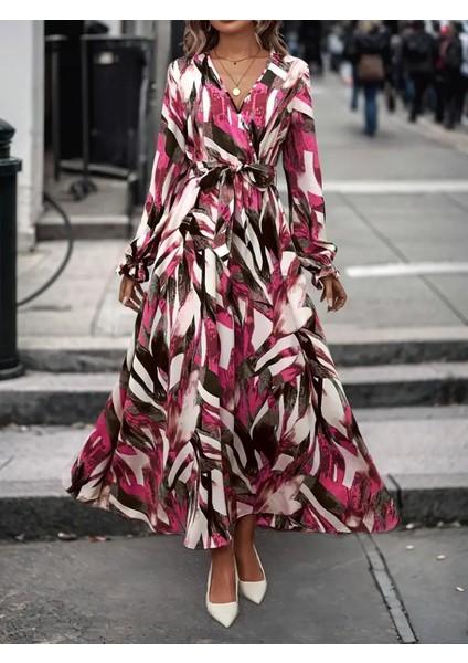 Kadın Uzun Kollu Kruvaze Yaka Belden Kuşaklı Desenli Süprem Elbise indirimleri