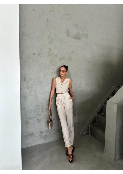 Bel Lastik Detaylı Modal Kumaş Pantolon - Bej