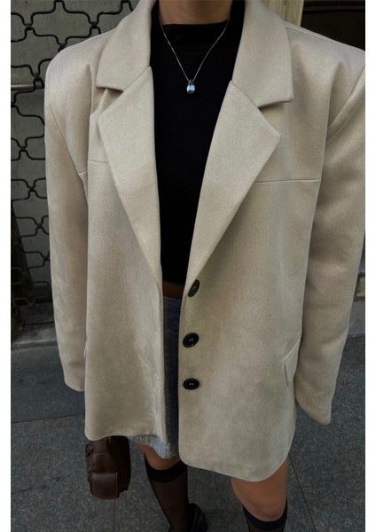 Süet Blazer Ceket 3 Düğme - Bej