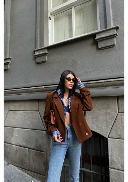 Kaşe Crop Ceket 4 Düğme - Kahverengi