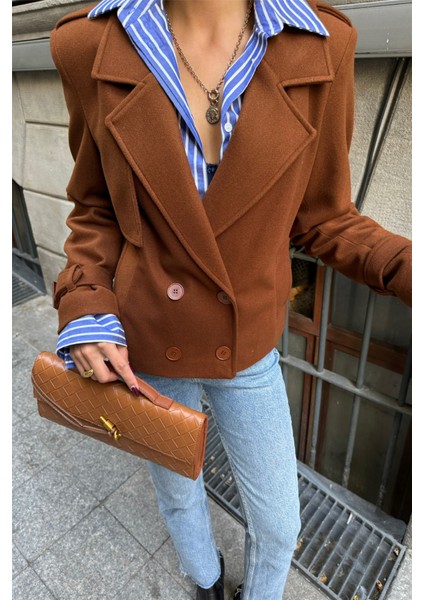 Kaşe Crop Ceket 4 Düğme - Kahverengi