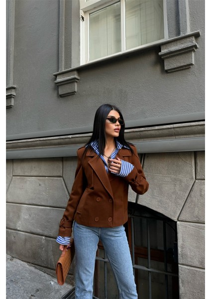 Kaşe Crop Ceket 4 Düğme - Kahverengi