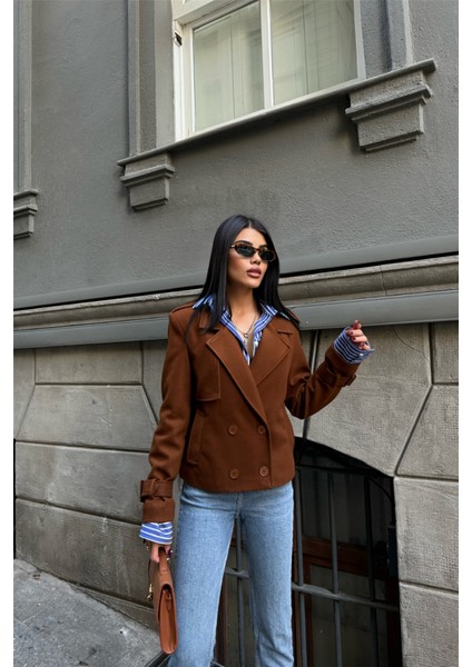 Kaşe Crop Ceket 4 Düğme - Kahverengi