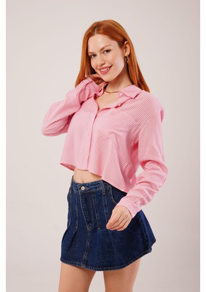 Tek Cep Çizgili Pembe Kısa Gömlek