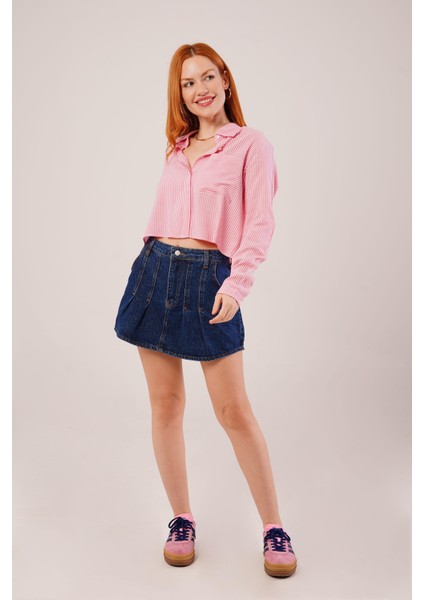 Tek Cep Çizgili Pembe Kısa Gömlek