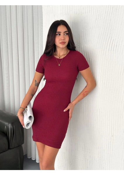Bisiklet Yaka Kısa Kol Likralı Elbise - Bordo