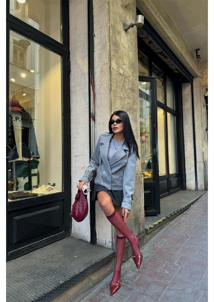 Kaşe Crop Ceket 4 Düğme - Gri