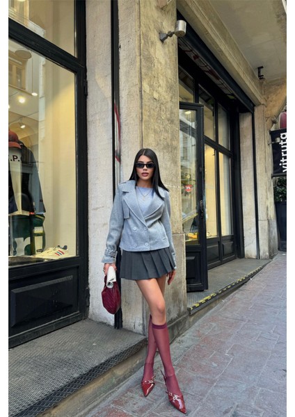 Kaşe Crop Ceket 4 Düğme - Gri