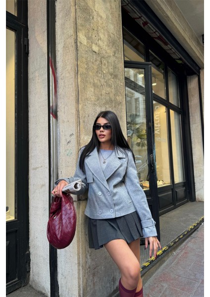 Kaşe Crop Ceket 4 Düğme - Gri