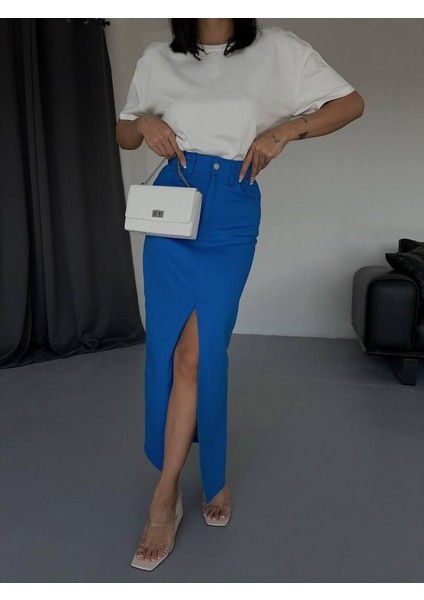 Gabardin Uzun Önden Yırtmaçlı Etek - Saks