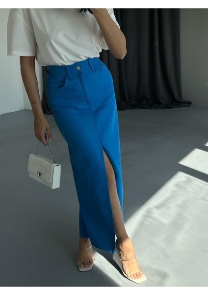 Gabardin Uzun Önden Yırtmaçlı Etek - Saks