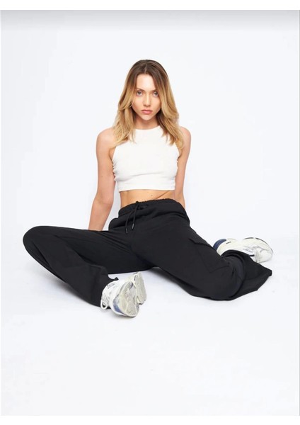 Kargo Cepli Palazzo Oversize Kesim Iki Iplik Bol Paça Eşofman Altı Pantalon - Siyah