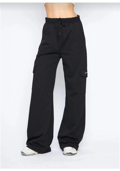 Kargo Cepli Palazzo Oversize Kesim Iki Iplik Bol Paça Eşofman Altı Pantalon - Siyah