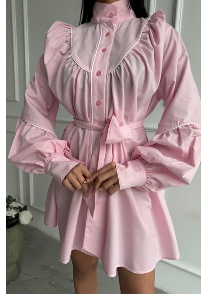 Önden Düğmeli Poplin Kloş Elbise Bağlama Kemer Detaylı - Pembe