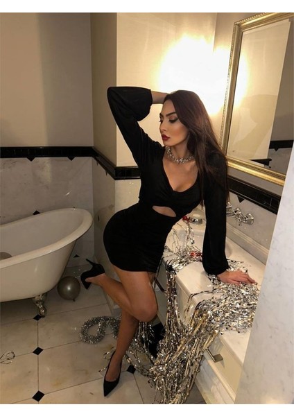 Buzzy Kısa Elbise Pencere Detaylı - Siyah