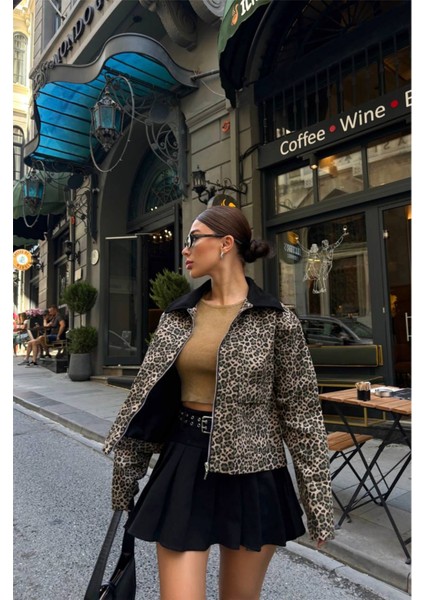 Leopar Desen Crop Ceket Gabardin - Leopar
