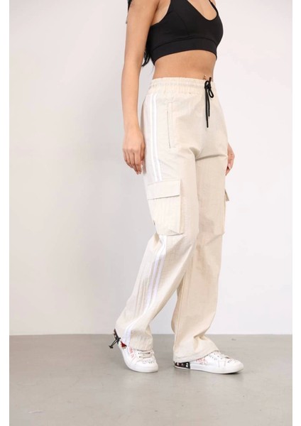 Praşut Kumaş Kargo Çeplı Baggy Esofman - Bej