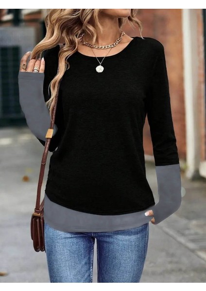 Kadın Uzun Kollu Açık Yuvarlak Yaka Blok Renkli Viskon Bluz