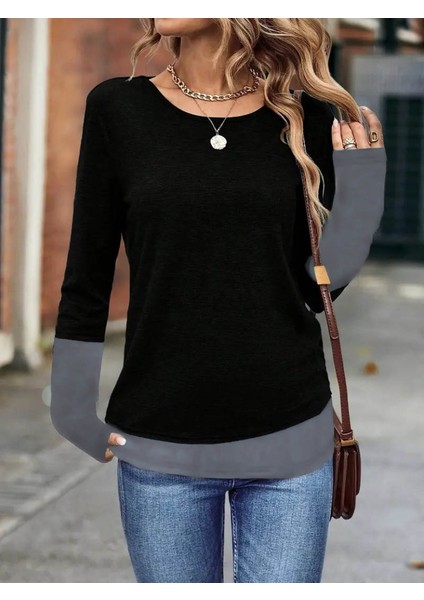 Kadın Uzun Kollu Açık Yuvarlak Yaka Blok Renkli Viskon Bluz modelleri