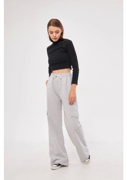Kargo Cepli Palazzo Oversize Kesim Iki Iplik Bol Paça Eşofman Altı Pantalon - Gri