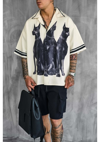 Erkek Süper Oversize Doberman Desenli Kısa Kollu Gömlek Krem