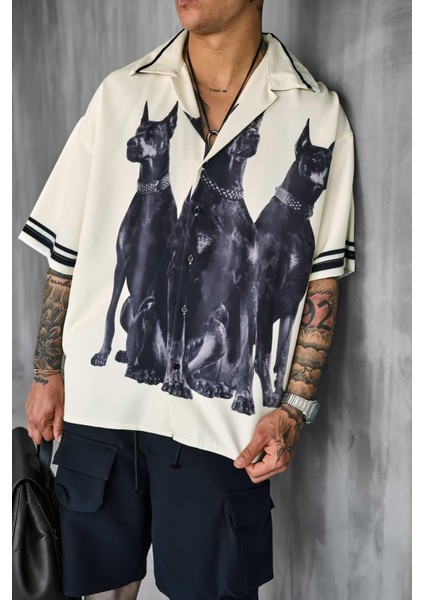 Erkek Süper Oversize Doberman Desenli Kısa Kollu Gömlek Krem