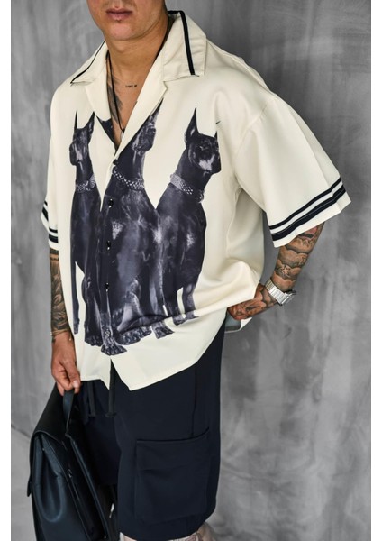 Erkek Süper Oversize Doberman Desenli Kısa Kollu Gömlek Krem