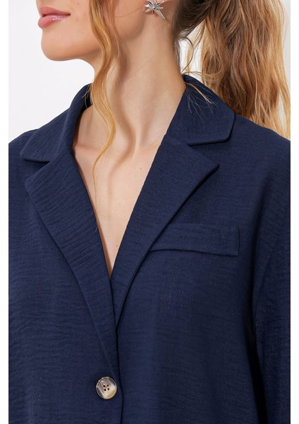 Lacivert Çift Düğmeli Oversize Crop Keten Ceket 0706