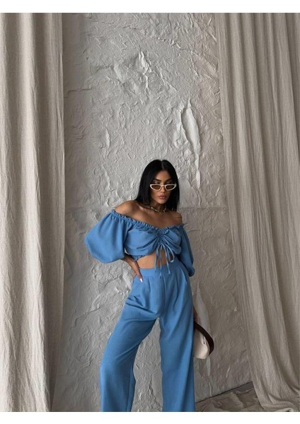 Keten Crop Bluz Büzgü Yaka + Pantolon Takım - Mavi