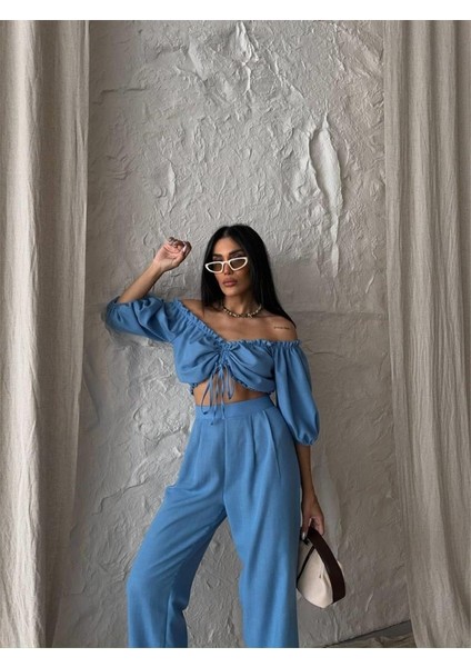 Keten Crop Bluz Büzgü Yaka + Pantolon Takım - Mavi