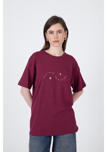 Bordo Yazı Baskılı Oversize Pamuklu Tişört 2150-32M
