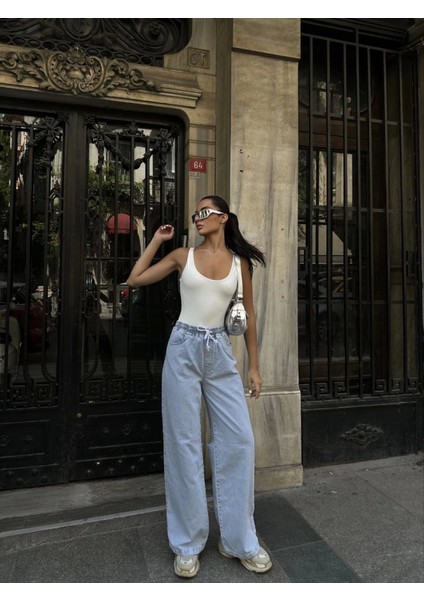 Arkadan Yırtmaçlı Jeans Kot Palazzo Pantolon - Mavi