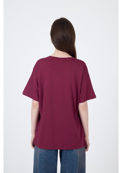 Bordo Yazı Baskılı Oversize Pamuklu Tişört 2150-32M indirimleri
