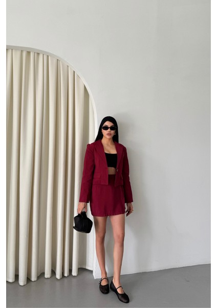Crop Ceket - Kısa Etek Takım - Bordo