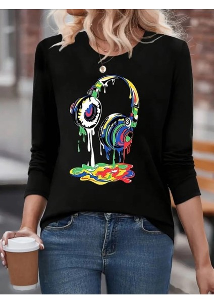 Kadın Uzun Kollu Bisiklet Yaka Baskılı Iki Iplik Bluz