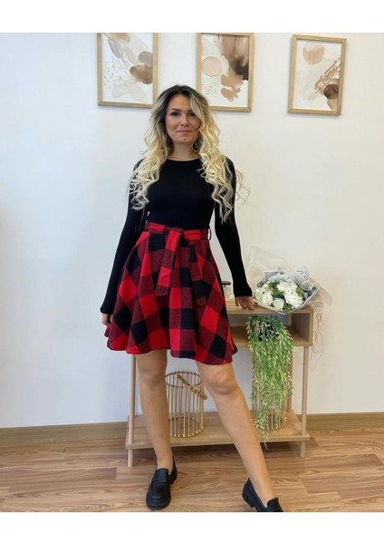 Kadın Uzun Kollu Bisiklet Yaka Üst Viskon Alt Ekose Kısa Elbise