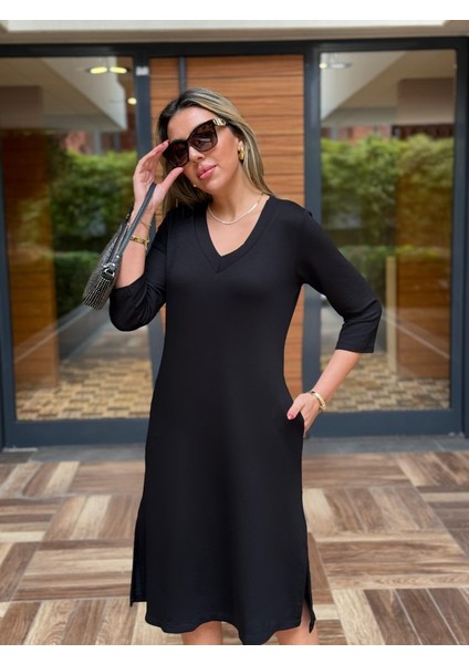 Kadın Uzun Kollu V Yakalı Yanlardan Yırtmaçlı Viskon Iki Iplik Midi Elbise fiyatları