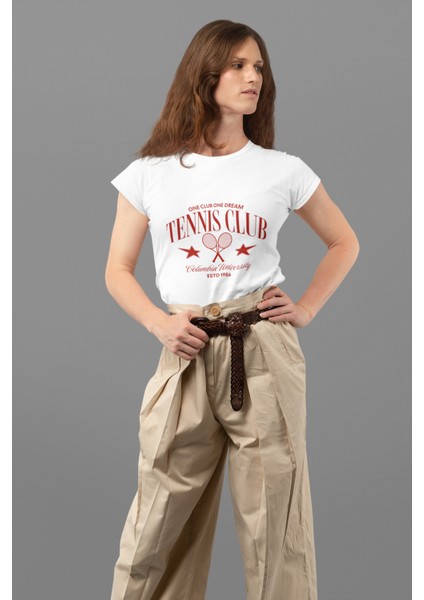 Tennıs Club Baskılı Standart Kalıp Bisiklet Yaka Pamuklu Kadın Tişört