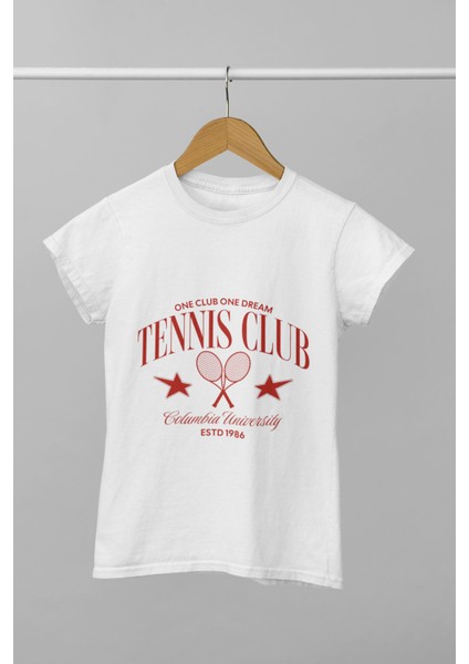 Tennıs Club Baskılı Standart Kalıp Bisiklet Yaka Pamuklu Kadın Tişört