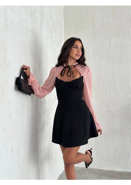 Göğsü Bağlamalı Kalp Yaka Kolları Şifon Mini Elbise - Siyah Pembe