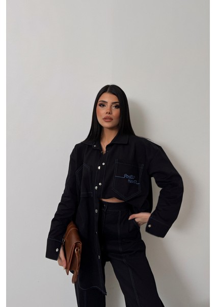 Denim Puntolu Gömlek-Pantolon Takım - Mavi